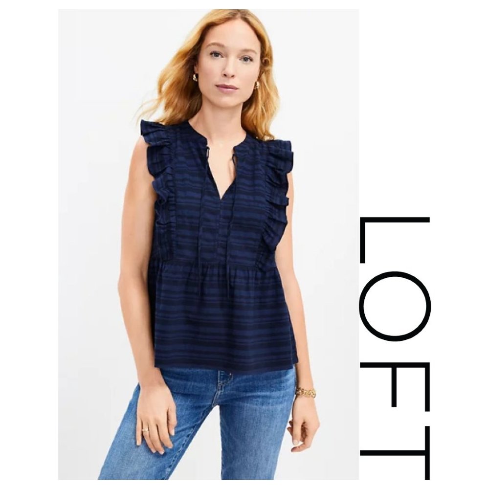 LOFT Navy Blue Striped Ruffle Tie Neck Peplum Top